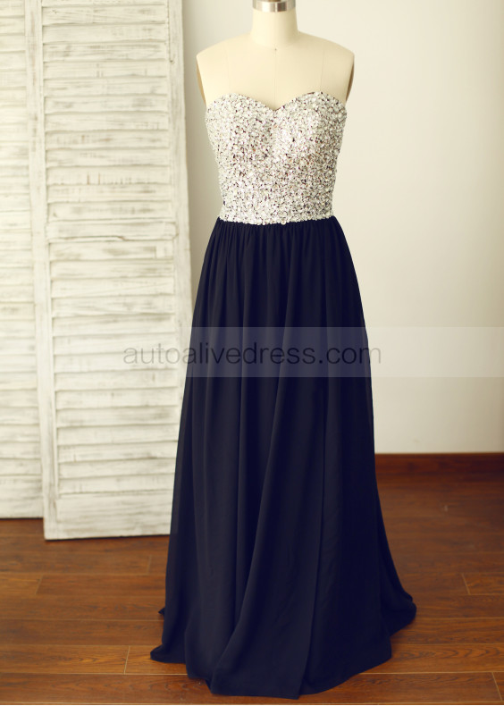 Beaded Strapless Sweetheart Black Chiffon Slit Prom Dress